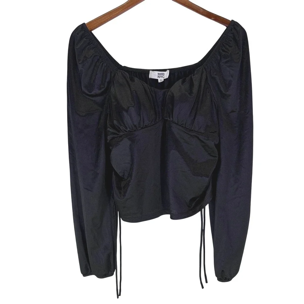 Madden‎ NYC Women's XL Black Ruched Sweetheart Neck Side Tie Crop Top Whimsigoth